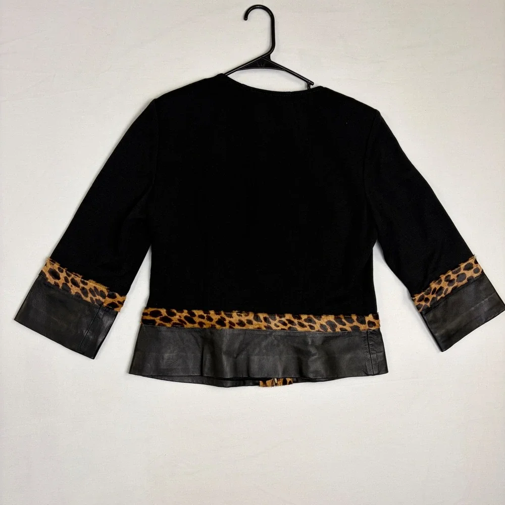 NWT St. John Collection Blazer Women 8 Black Leather Leopard Wool Silk Jacket - Picture 13 of 16